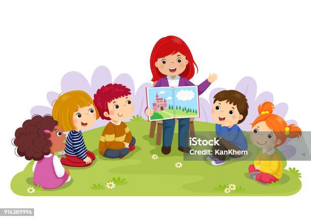 Teacher Telling A Story To Nursery Children In The Garden Stock Illustration - Download Image Now