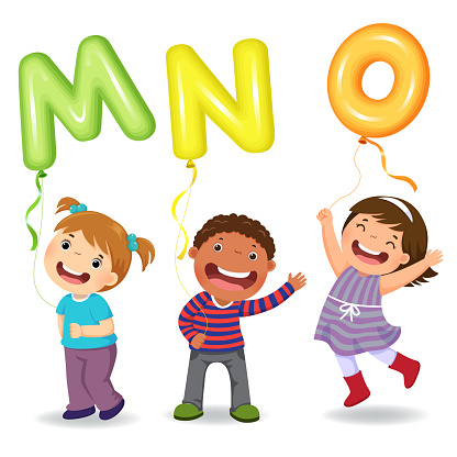 Cartoon kids holding letter MNO shaped balloons