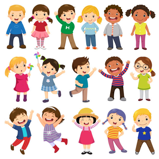 szczęśliwe dzieci kolekcji kreskówek. wielokulturowe dzieci w różnych pozycjach odizolowanych na białym tle - clip art ilustracje stock illustrations