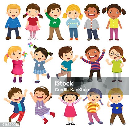 istock Happy kids cartoon collection. Multicultural children in different positions isolated on white background 916390010
