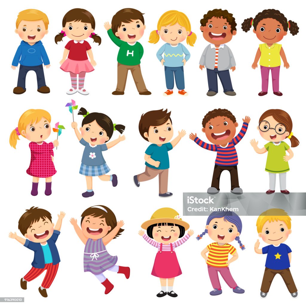 Happy kids cartoon collection. Multicultural children in different positions isolated on white background Child stock vector