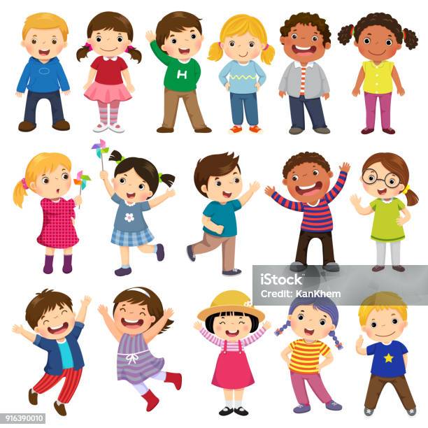 Happy Kids Cartoon Collection Multicultural Children In Different Positions  Isolated On White Background Stock Illustration - Download Image Now -  iStock