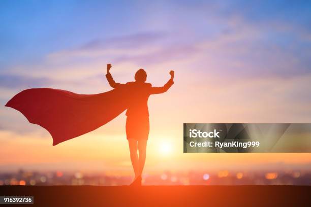 Silhouette Of Super Business Woman Stock Photo - Download Image Now - Superhero, Authority, Women