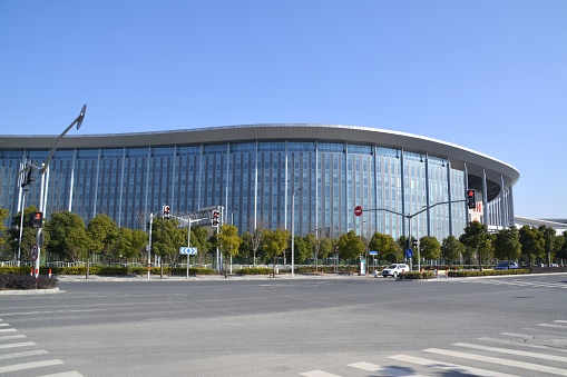 Exterior view of the modern National Exhibition and Convention Center, Qingpu district, Shanghai, China