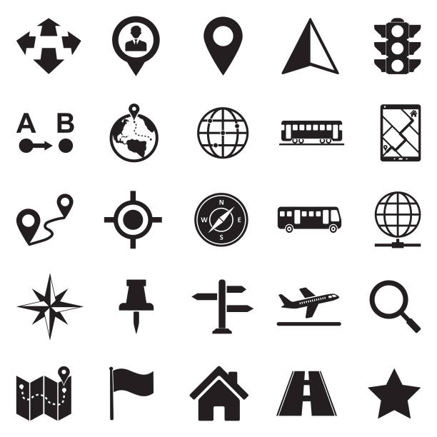 ilustraciones, imágenes clip art, dibujos animados e iconos de stock de mapa y ubicación de iconos. diseño plano negro. ilustración de vector. - surveillance world map globe planet