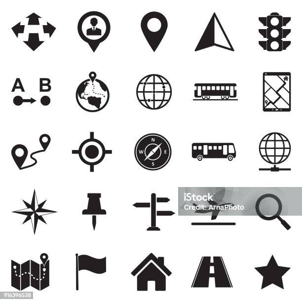 Map And Location Icons Black Flat Design Vector Illustration Stock Illustration - Download Image Now