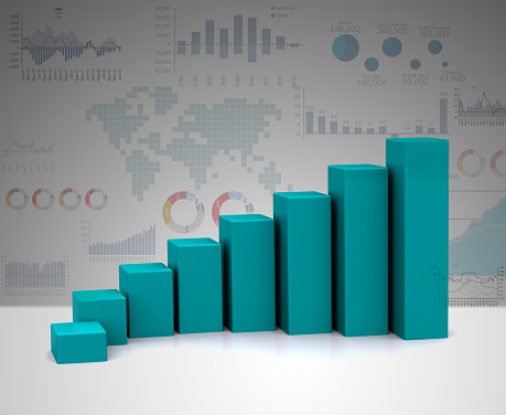 Blue growth graph business chart data diagram on success financial presentation background with abstract up arrow bar symbol or finance marketing price statistic and economy market profit investment.