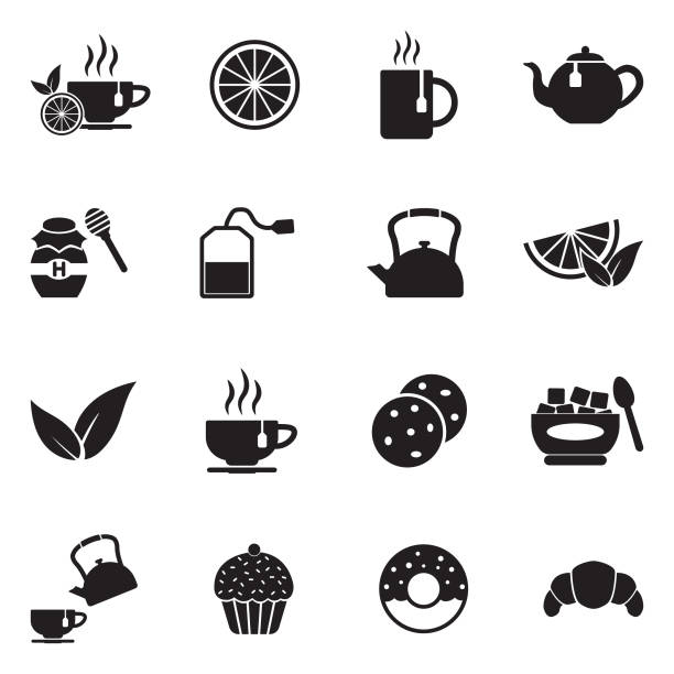 ikony herbaty. czarny płaski design. ilustracja wektorowa. - morning breakfast cookie sweet food stock illustrations