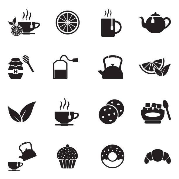 Tea Icons. Black Flat Design. Vector Illustration. Tea Crop, Cup, Lemon - Fruit, Tea Cup, Beverage teabag stock illustrations