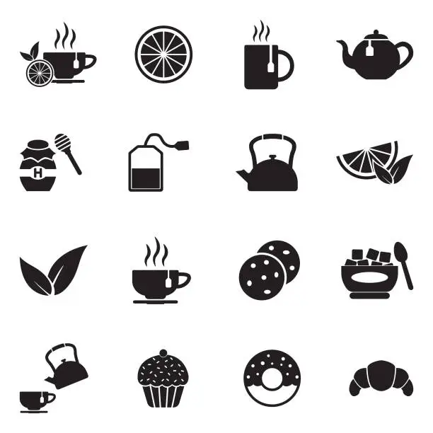 Vector illustration of Tea Icons. Black Flat Design. Vector Illustration.