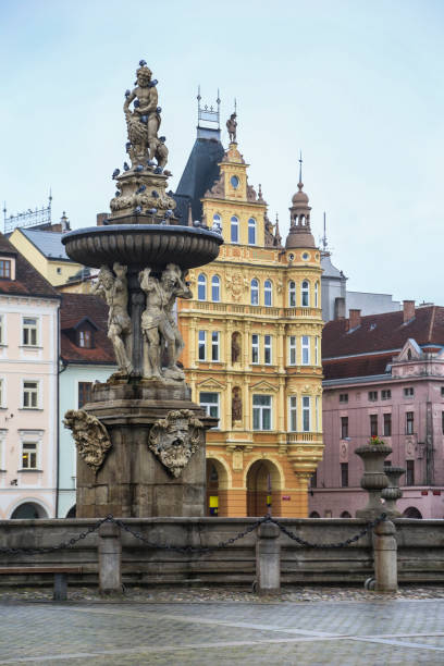 Ceske Budejovice Ceske Budejovice (Budweis) main town square at night, baroque fountain dating back to 1721. is the largest of its kind in the Czech Republic. cesky budejovice stock pictures, royalty-free photos & images