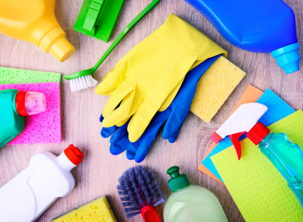 istock Household items,cleaning supplies upper view. 916408462