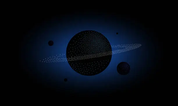 Vector illustration of Halftone 3d Saturn and Satellites. Dotwork science and space background.