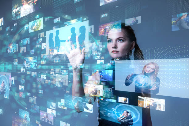 istock Young woman using futuristic interface. IoT(Internet of Things). ICT(Information Communication Network). Social media. 916417674