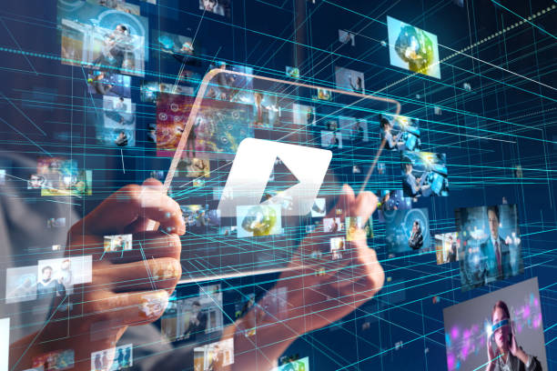 istock Futuristic portable device and many pictures. 916417706