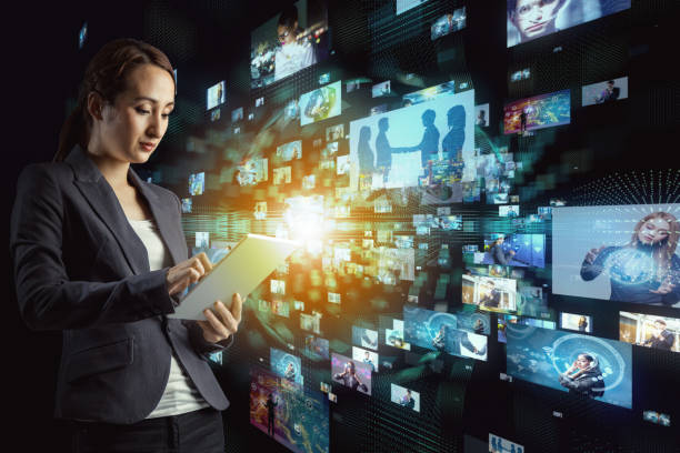 istock Young woman watching many pictures with tablet PC. 916417784