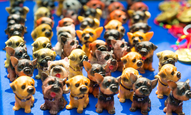 Antique Vintage Toy: Brown Leather Dogs inside a Suitcase.