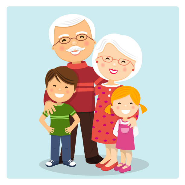 glückliche großeltern mit enkeln auf blauem hintergrund - grandparent stock-grafiken, -clipart, -cartoons und -symbole