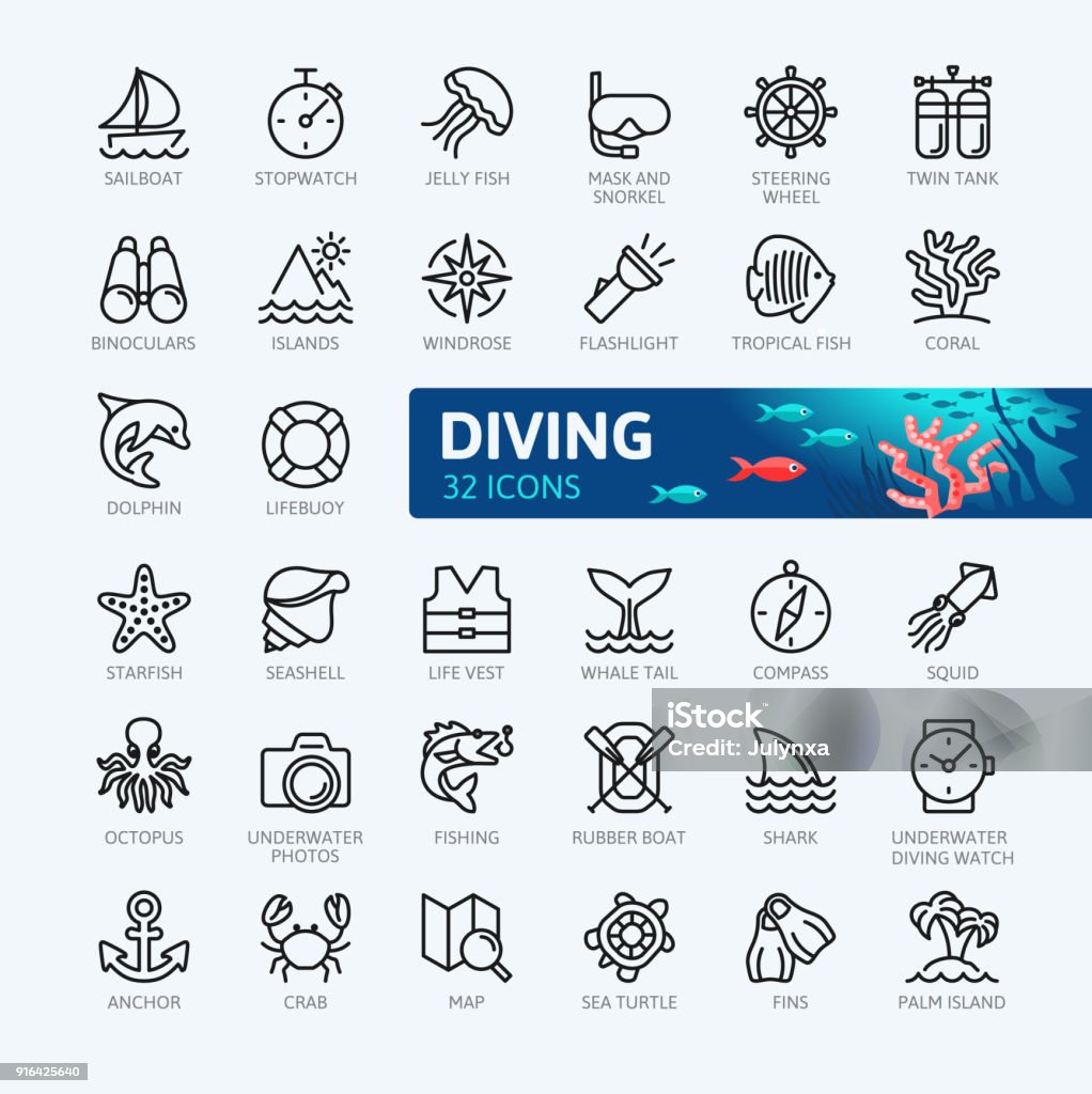 Scuba Diving and Snorkeling elements - minimal thin line web icon set. Outline icons collection. Simple vector illustration. Icon Symbol stock vector