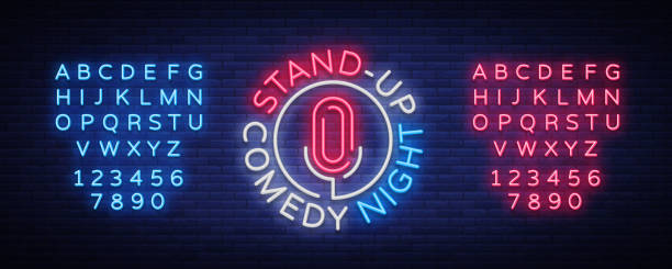 illustrazioni stock, clip art, cartoni animati e icone di tendenza di stand up comedy show è un cartello al neon. neon, striscione luminoso luminoso, poster al neon, pubblicità notturna luminosa. alzati. invito allo spettacolo comico. vettore. modifica del testo al neon - comico