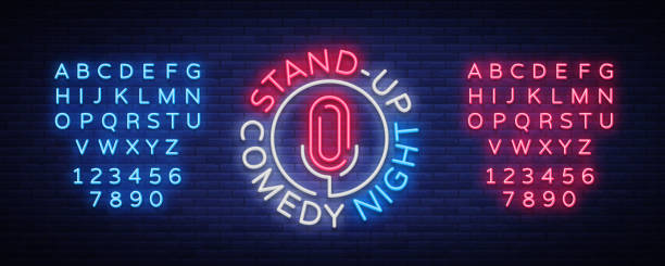 ilustrações de stock, clip art, desenhos animados e ícones de stand up comedy show is a neon sign. neon , bright luminous banner, neon poster, bright night-time advertisement. stand up show. invitation to the comedy show. vector. editing text neon sign - comedian