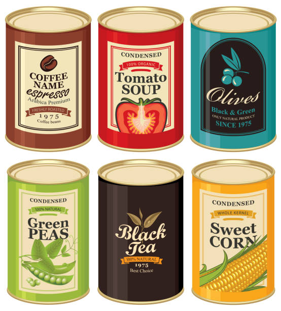 ilustrações de stock, clip art, desenhos animados e ícones de set vector illustrations of a tin cans with labels - canned food