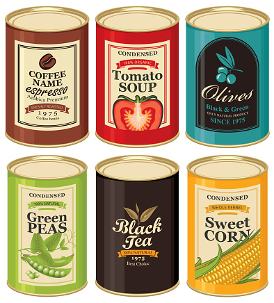 Set of vector illustrations of a tin cans with labels of coffee, tomato soup, olives, green peas, black tea and sweet corn