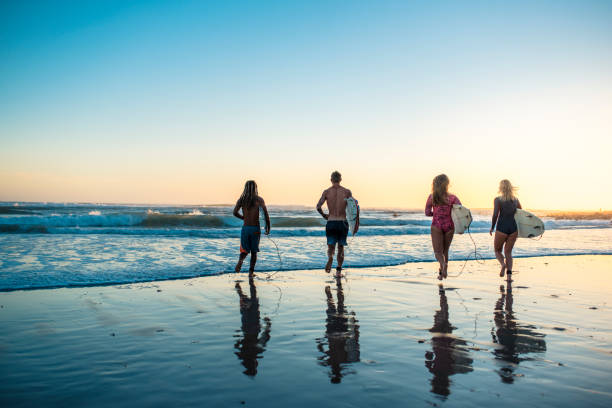 istock Four friends standing at the beach with surfboards 916438010