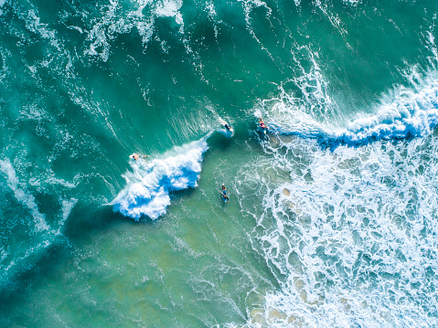 Aerial view of a group of friends in the water surfing