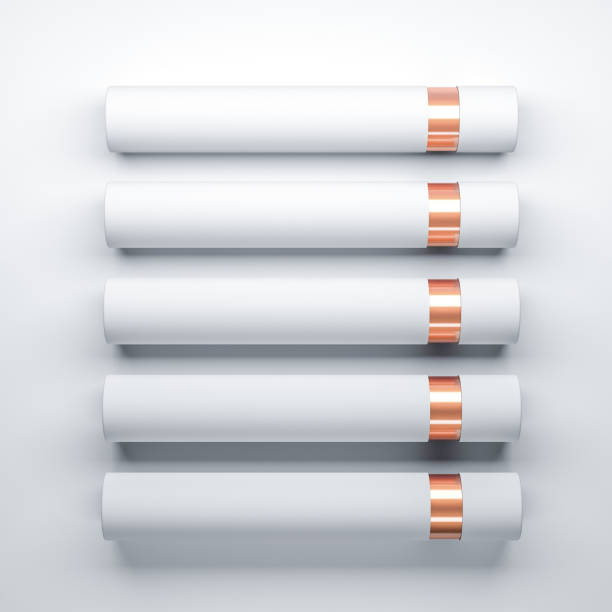 Five White cardboard Tubes packaging Mockup with gold foil lying on white background, 3d rendering