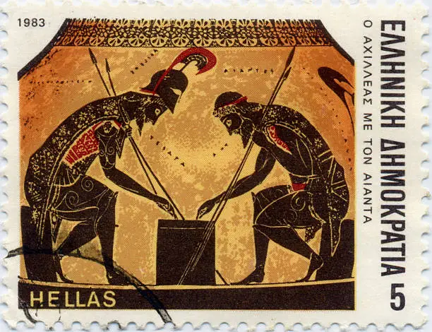 Greek stamp of Achilles and Ajax playing a board game. Replica of an ancient vase.