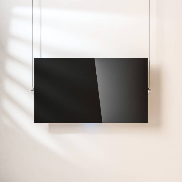istock Modern Smart TV panel Mockup with blank screen hanging on the wall by ropes 916448482