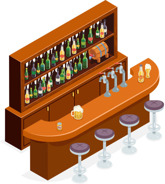 Isometric Pub Bar Restaurant Cafe Symbol Alcohol Beer House Interior 3d Icon Isometric Concept Flat Design Template Vector Illustration vector art illustration