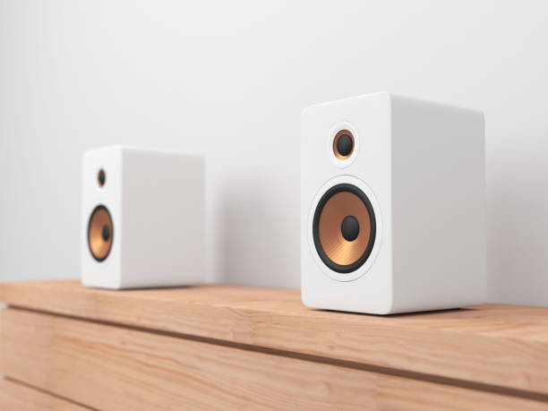 istock White stereo Speakers on shelf 916449100