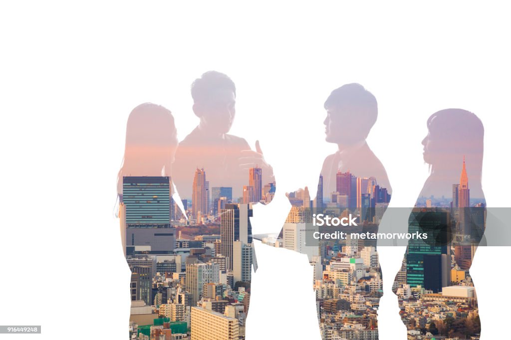 Double exposure of business team and urban cityscape. Variation Stock Photo