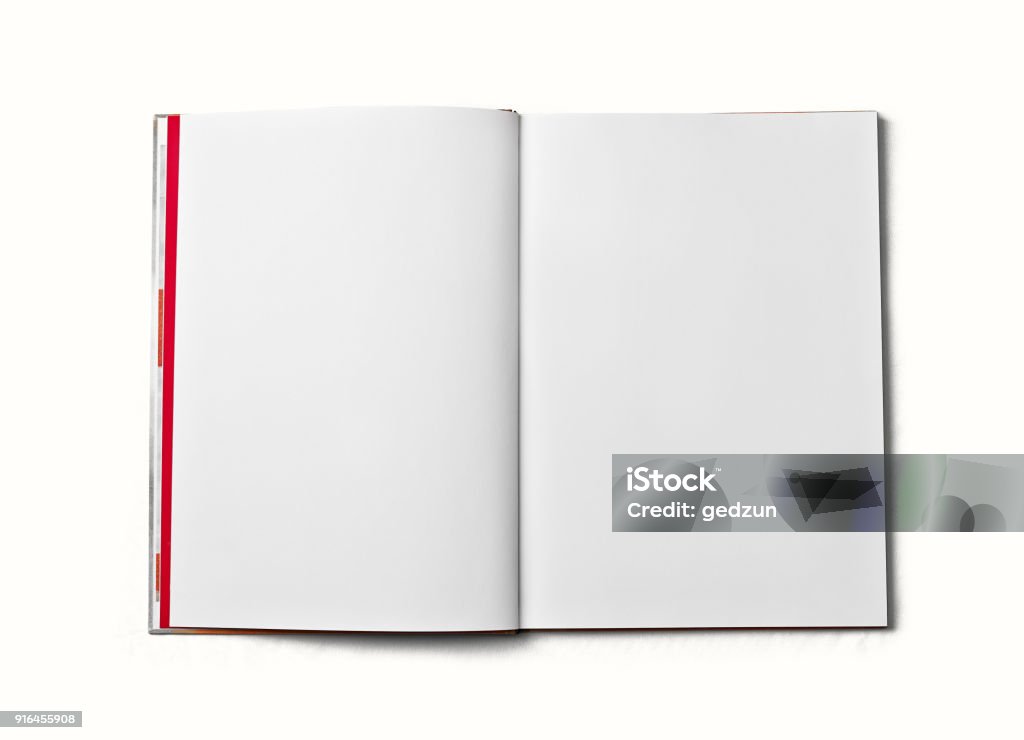 Blank open book. Blank open book isolated on white background. Front view. Paper texture. Clipping path. Mock up. Magazine - Publication Stock Photo