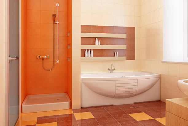 оранжевый ванная комната интерьер - patchworkdesign стоковые фото и изображения
