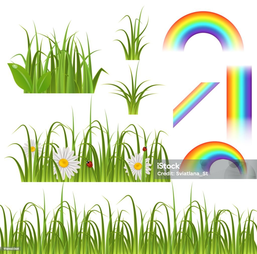 Spring Grass Rgb Realistic Vector Green Grass And Rainbow Spring Set Stock Illustration ...