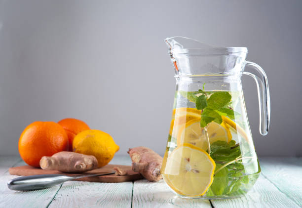 istock Detox water with lemon slices and mint leaves 916460848