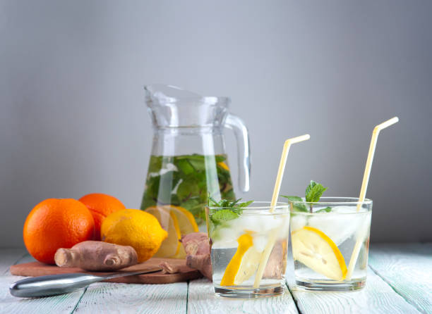 istock Detox drink with mineral water, lemon and mint 916460890