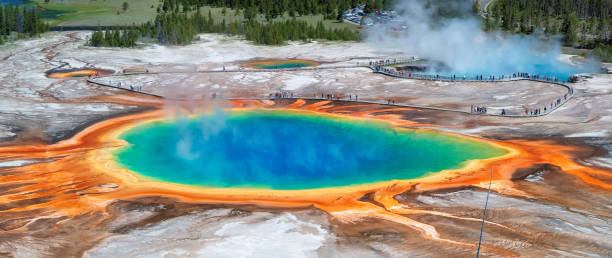 Grand Prismatic Spring The World Famous Grand Prismatic Spring in Yellowstone National Park midway geyser basin photos stock pictures, royalty-free photos & images