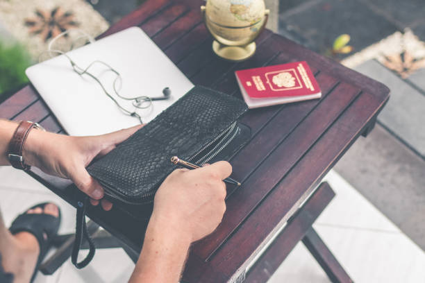 istock Man doing online shopping with credit card, laptop and luxury snakeskin python wallet. Man online shopping concept 916466156