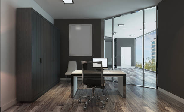 istock Open space office interior with like conference room. Mockup. 3D rendering.. Blank paintings 916467278