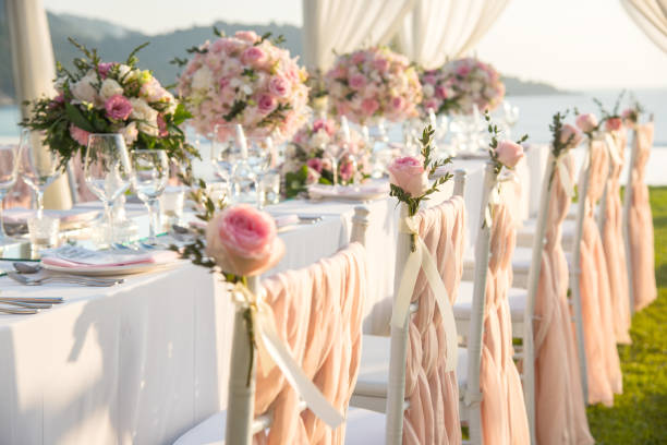 Table setting at a luxury wedding and Beautiful flowers on the table.