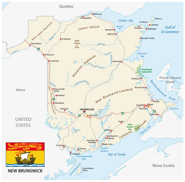 straßenkarte mit flagge von kanada atlantik provinz new brunswick - lawrence quebec canada north america stock-grafiken, -clipart, -cartoons und -symbole