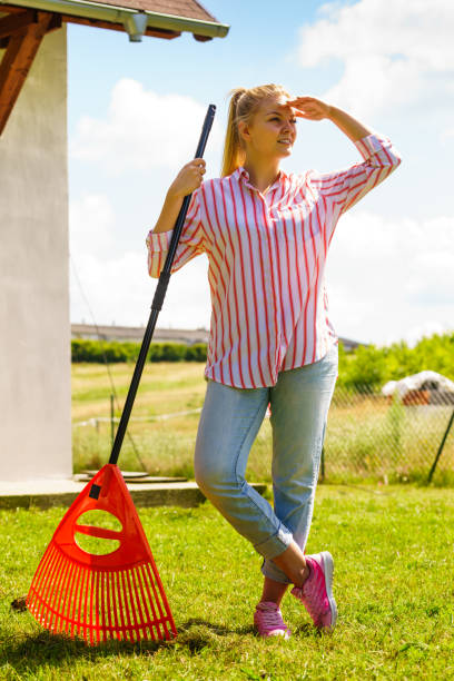 istock Woman using rake to clean up garden 916475688