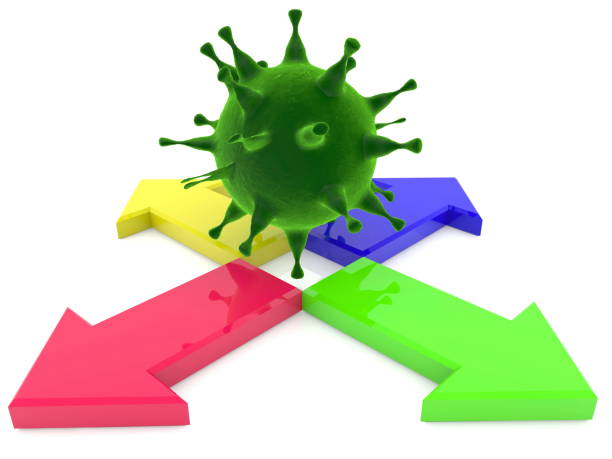 istock Four arrows with virus in middle.3d illustration 916475836