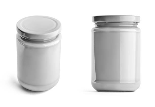 istock Glass jar with white cap in front and top view. 916478502
