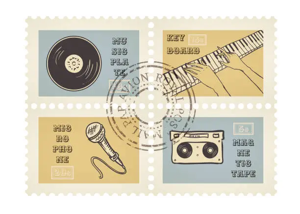 Vector illustration of Vector postage decorative stamps - retro music theme