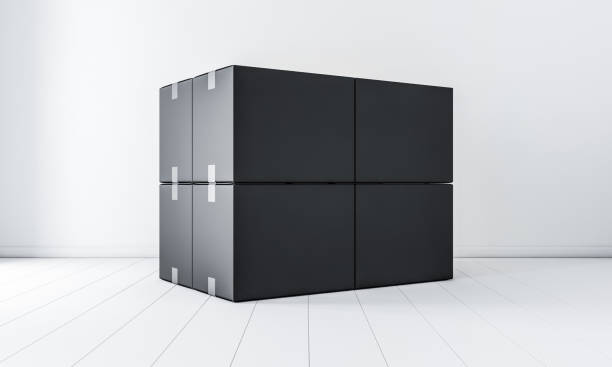 istock Stack of Four Black cardboard boxes mockup in white room 916481472